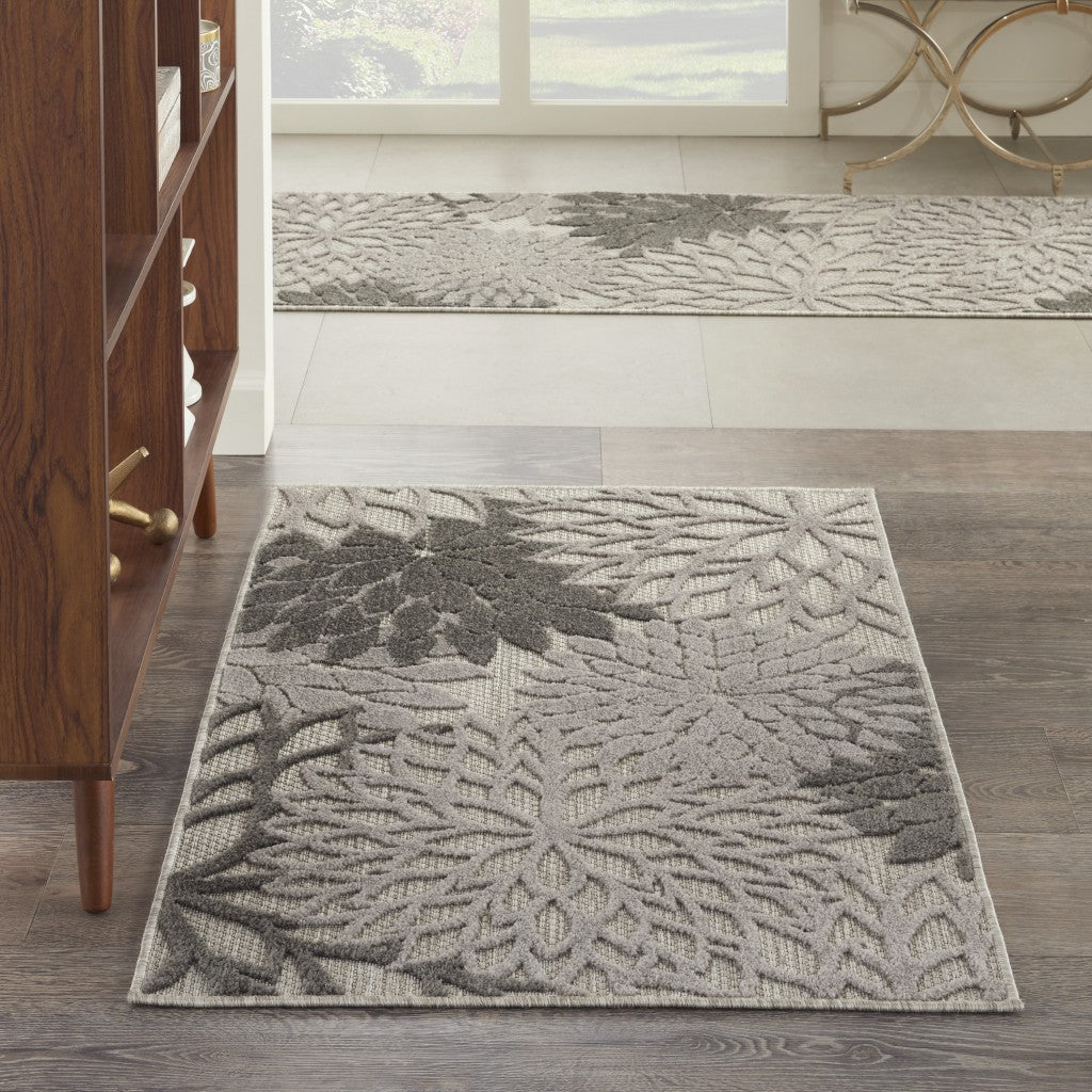2' X 10' Gray Floral Indoor Outdoor Area Rug