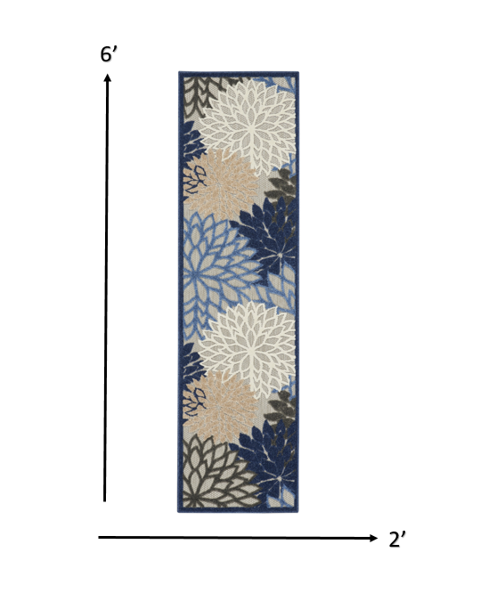 2’ x 12’ Blue Large Floral Indoor Outdoor Runner Rug