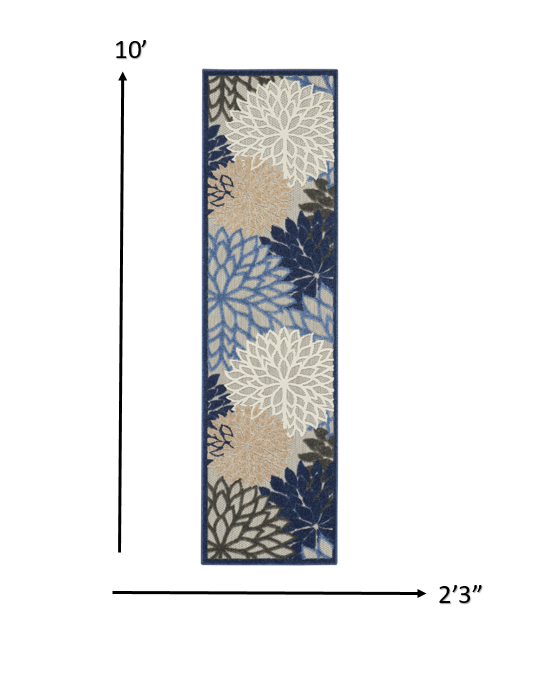 2’ x 12’ Blue Large Floral Indoor Outdoor Runner Rug