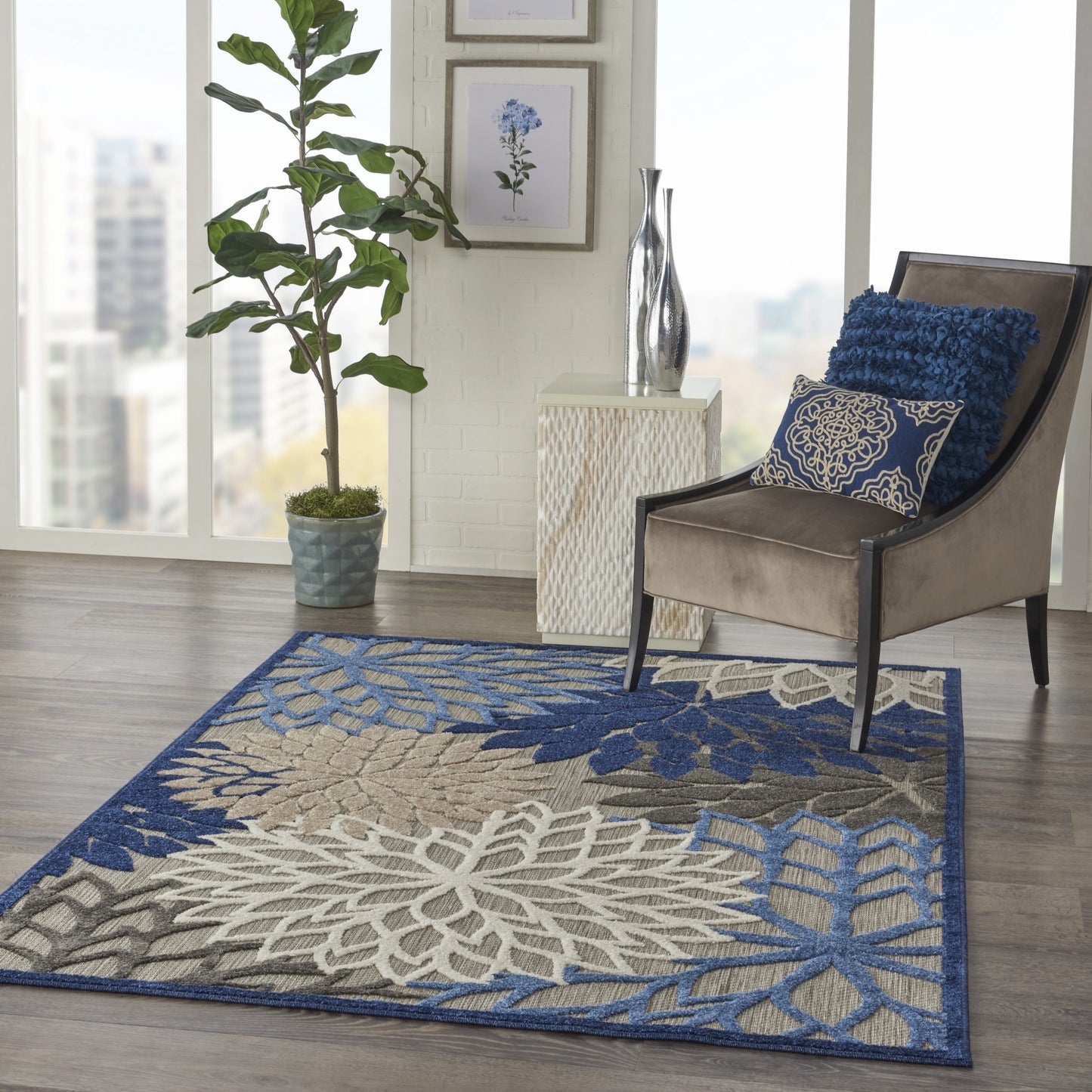 3' X 4' Blue And Gray Floral Indoor Outdoor Area Rug