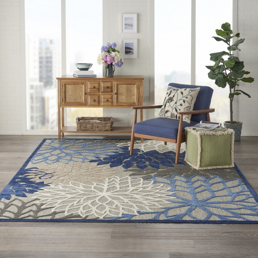 3' X 4' Blue And Gray Floral Indoor Outdoor Area Rug