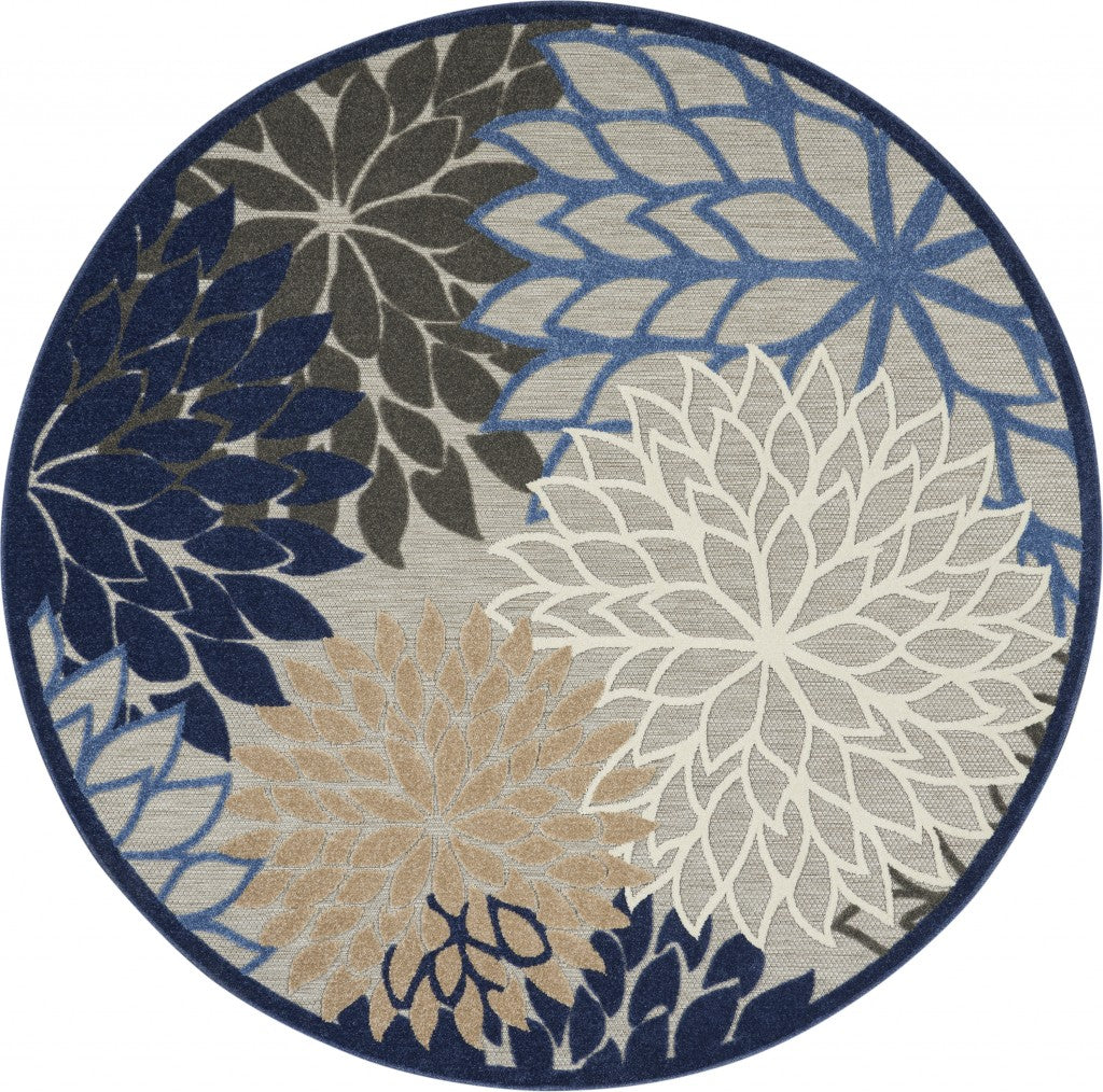 5' Round Blue And Gray Round Floral Indoor Outdoor Area Rug