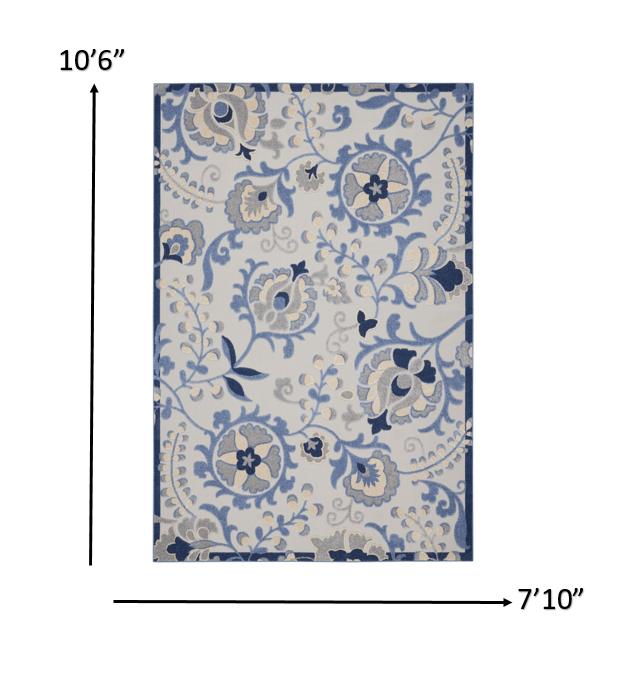 8' Round Blue And Gray Round Floral Indoor Outdoor Area Rug