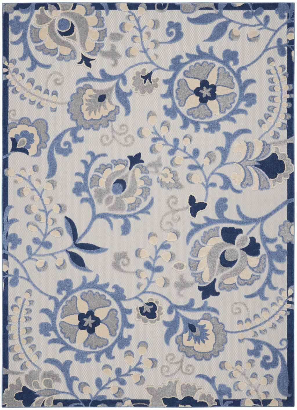 8' Round Blue And Gray Round Floral Indoor Outdoor Area Rug