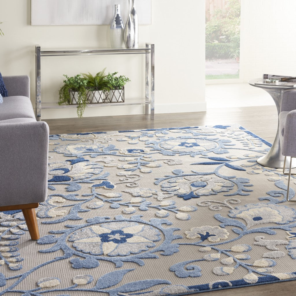 8' Round Blue And Gray Round Floral Indoor Outdoor Area Rug