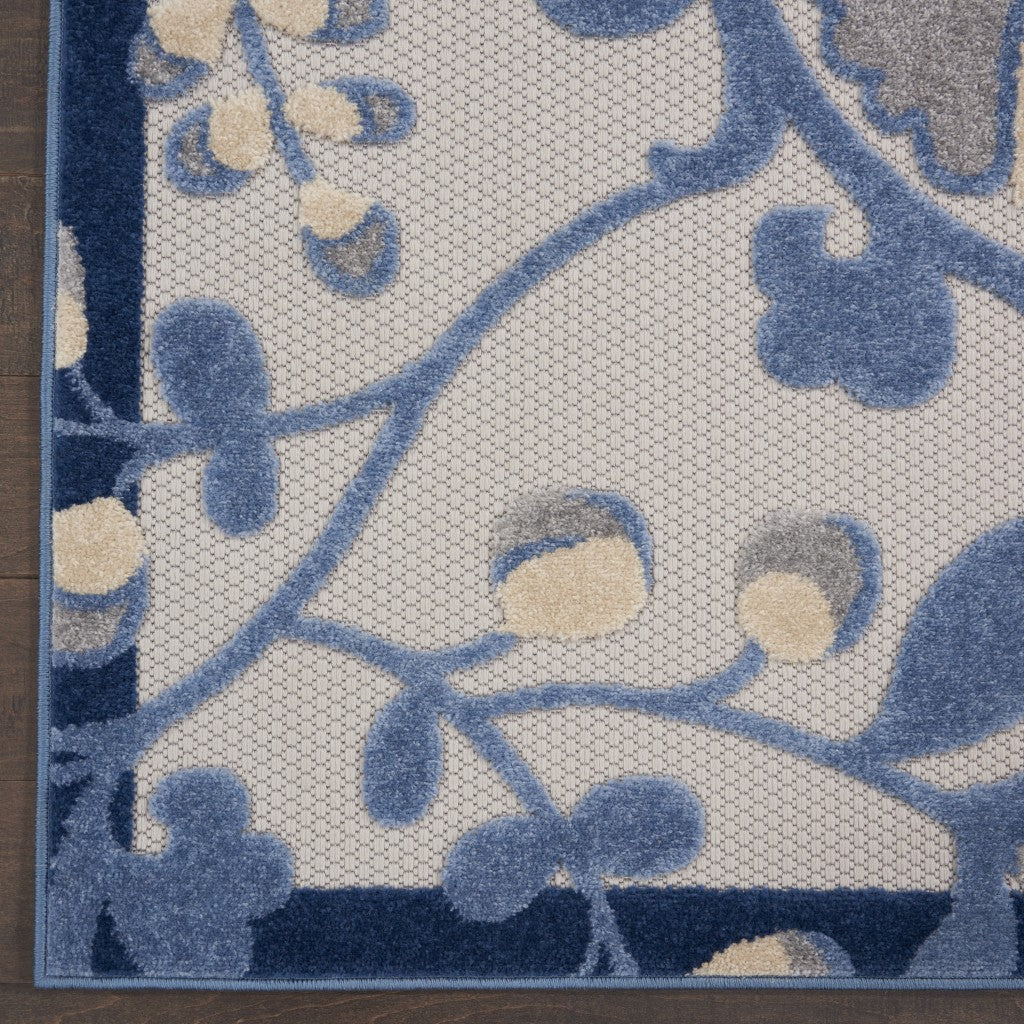 8' Round Blue And Gray Round Floral Indoor Outdoor Area Rug