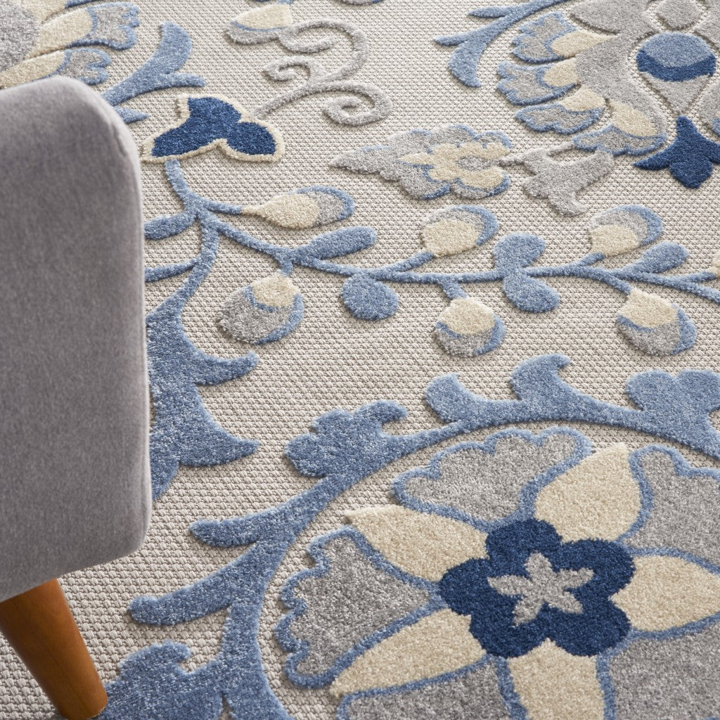 8' Round Blue And Gray Round Floral Indoor Outdoor Area Rug