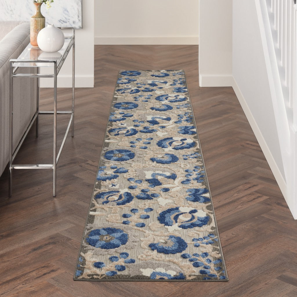 5' Round Blue And Gray Round Floral Indoor Outdoor Area Rug