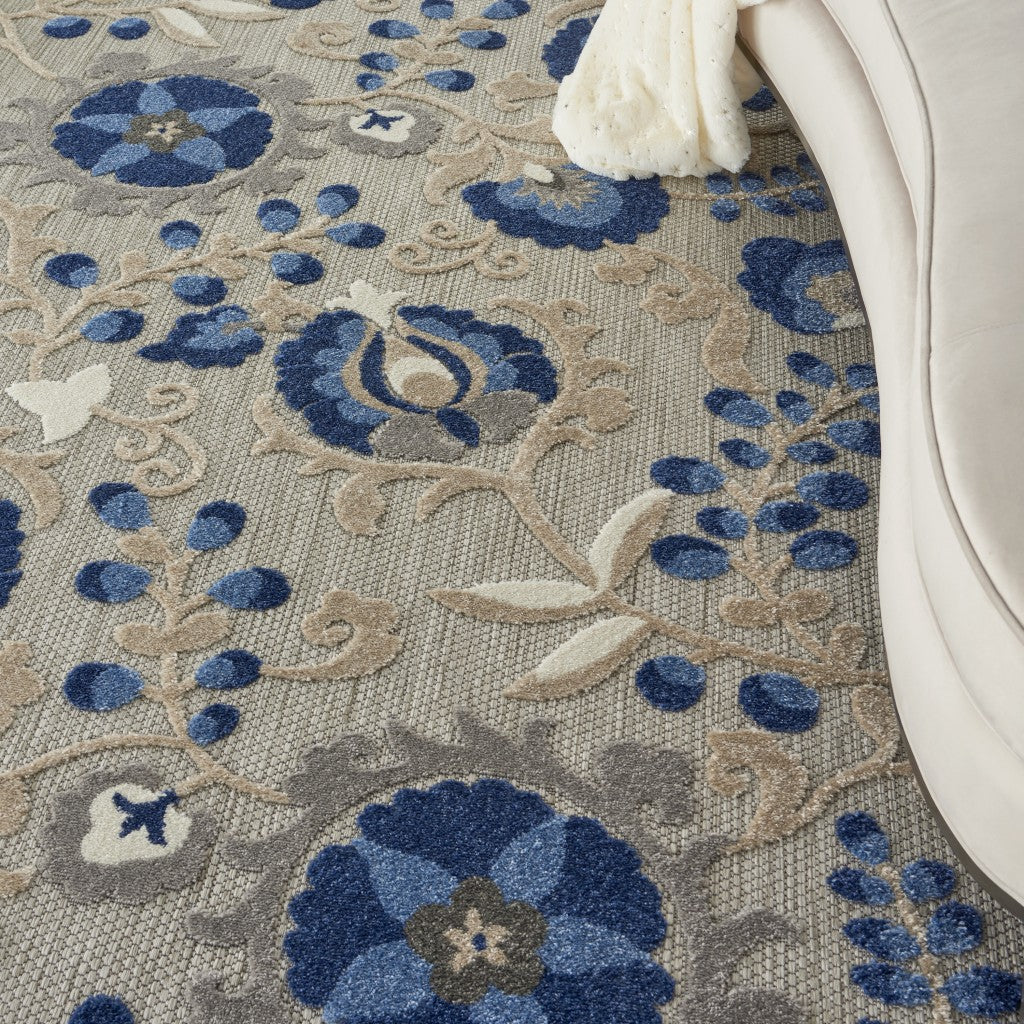 5' Round Blue And Gray Round Floral Indoor Outdoor Area Rug