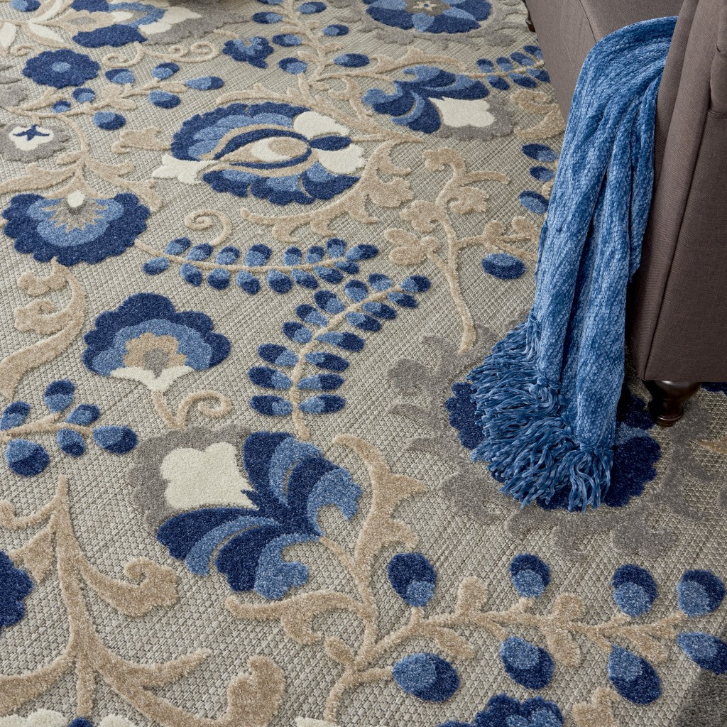 5' Round Blue And Gray Round Floral Indoor Outdoor Area Rug