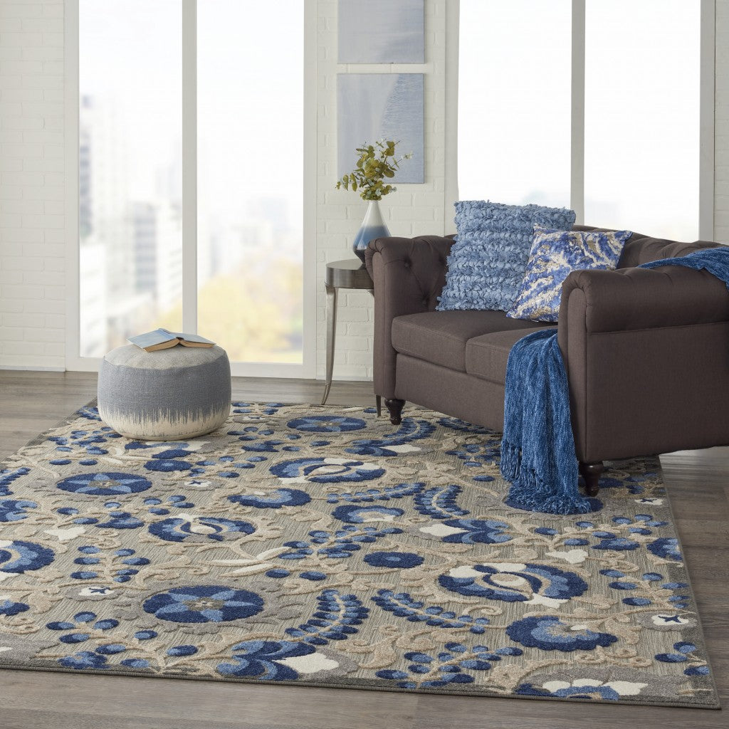 5' Round Blue And Gray Round Floral Indoor Outdoor Area Rug