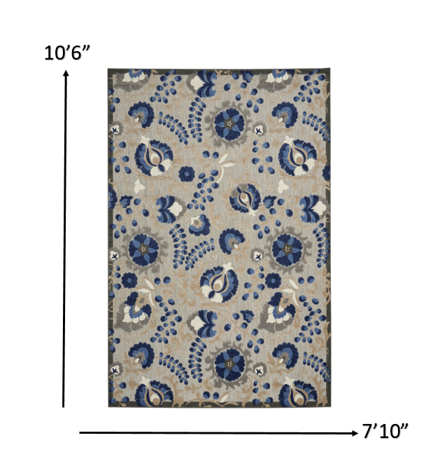 5' Round Blue And Gray Round Floral Indoor Outdoor Area Rug