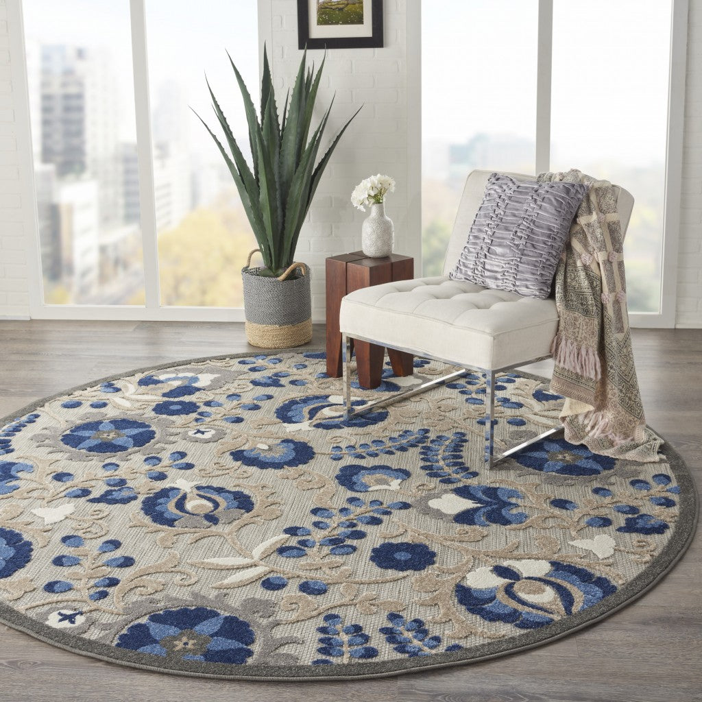 5' Round Blue And Gray Round Floral Indoor Outdoor Area Rug