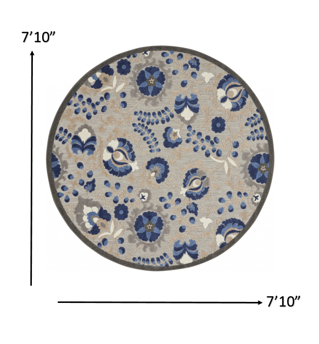 5' Round Blue And Gray Round Floral Indoor Outdoor Area Rug