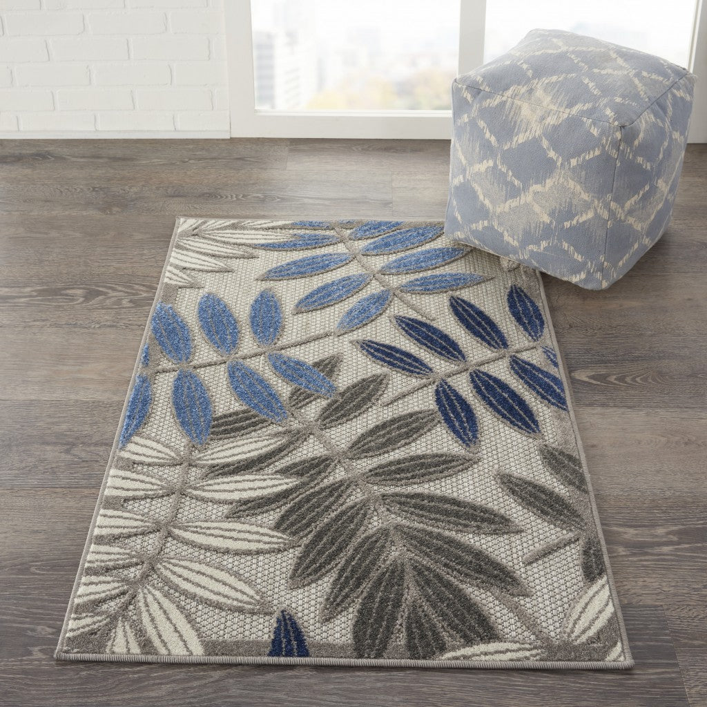 2' X 10' Grey/Blue Floral Indoor Outdoor Area Rug