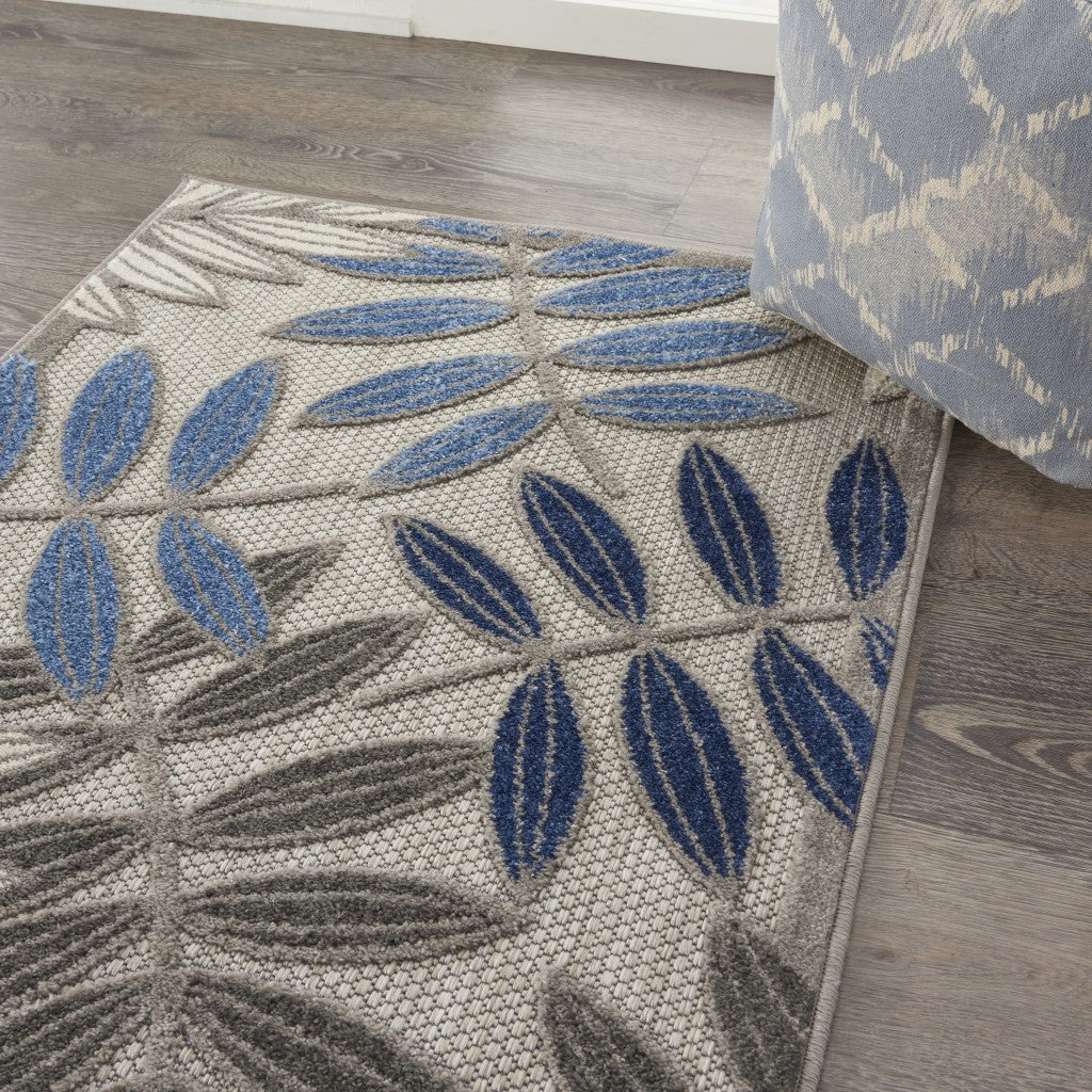 2' X 10' Grey/Blue Floral Indoor Outdoor Area Rug