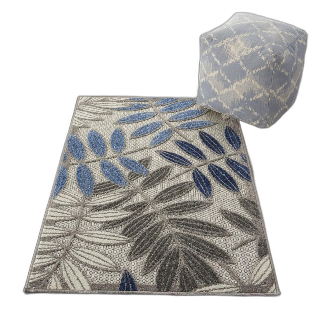 2' X 10' Grey/Blue Floral Indoor Outdoor Area Rug