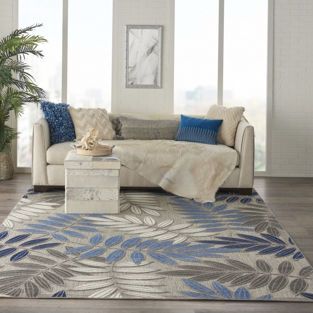 2' X 10' Grey/Blue Floral Indoor Outdoor Area Rug