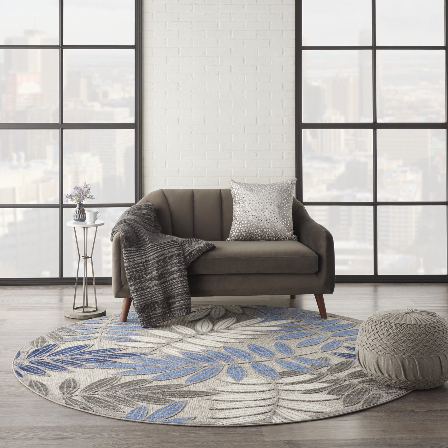 2' X 10' Grey/Blue Floral Indoor Outdoor Area Rug
