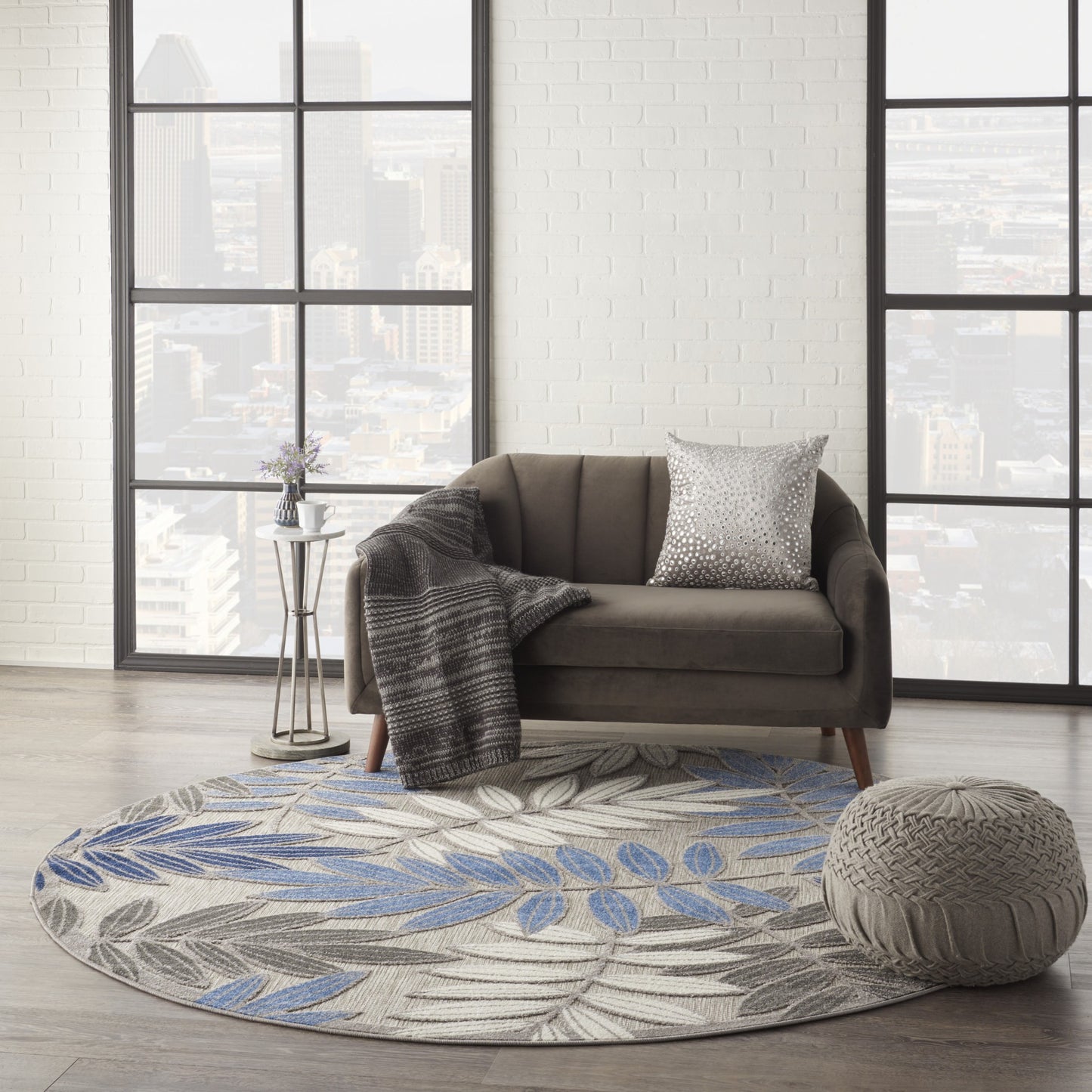 2' X 10' Grey/Blue Floral Indoor Outdoor Area Rug