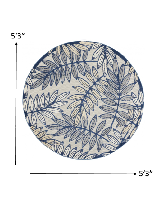 4' Round Ivory And Blue Round Floral Indoor Outdoor Area Rug