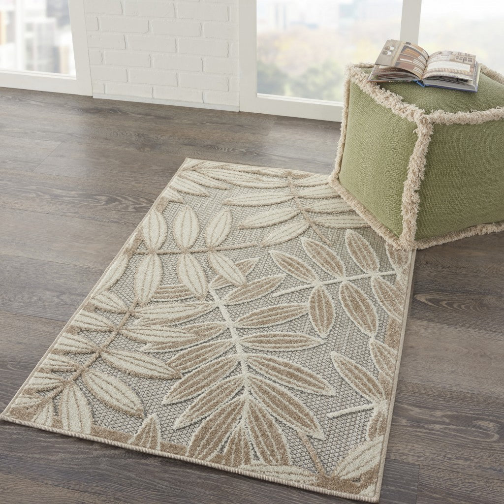 12' Runner Gray And Ivory Floral Indoor Outdoor Runner Rug