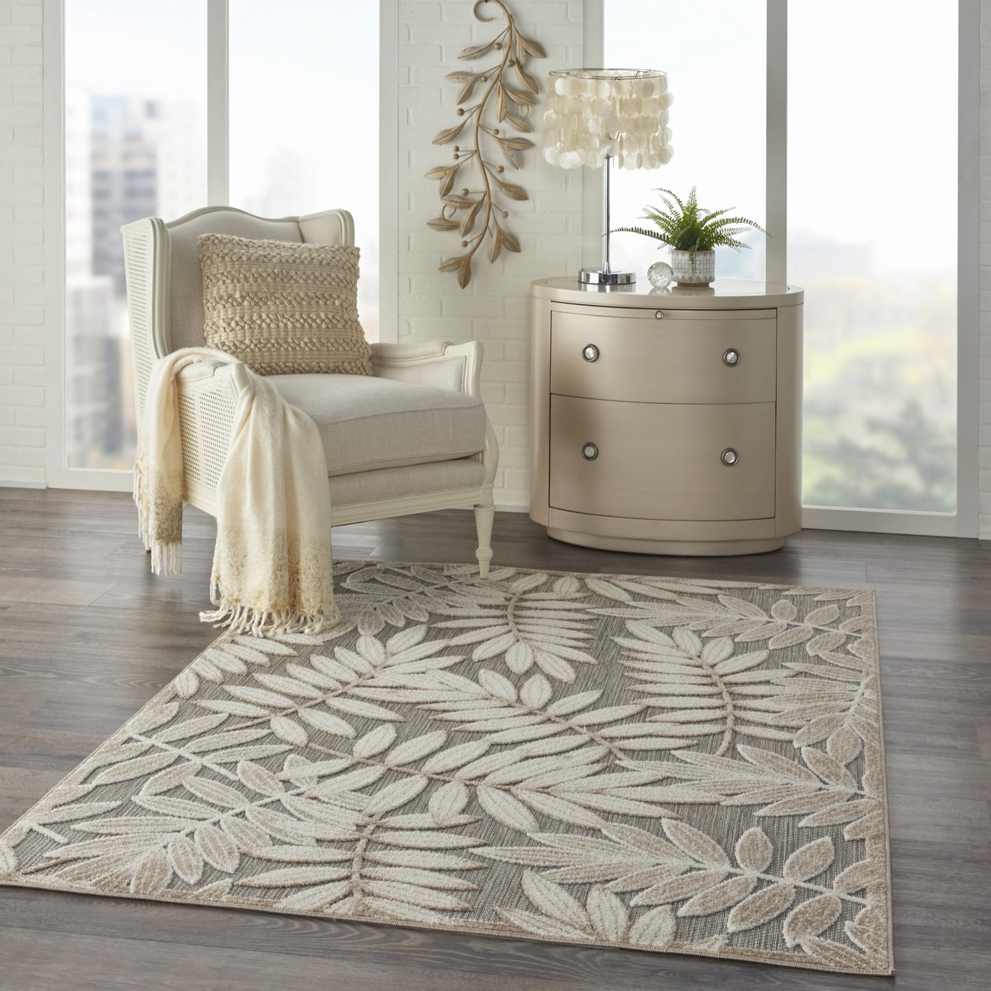 12' Runner Gray And Ivory Floral Indoor Outdoor Runner Rug