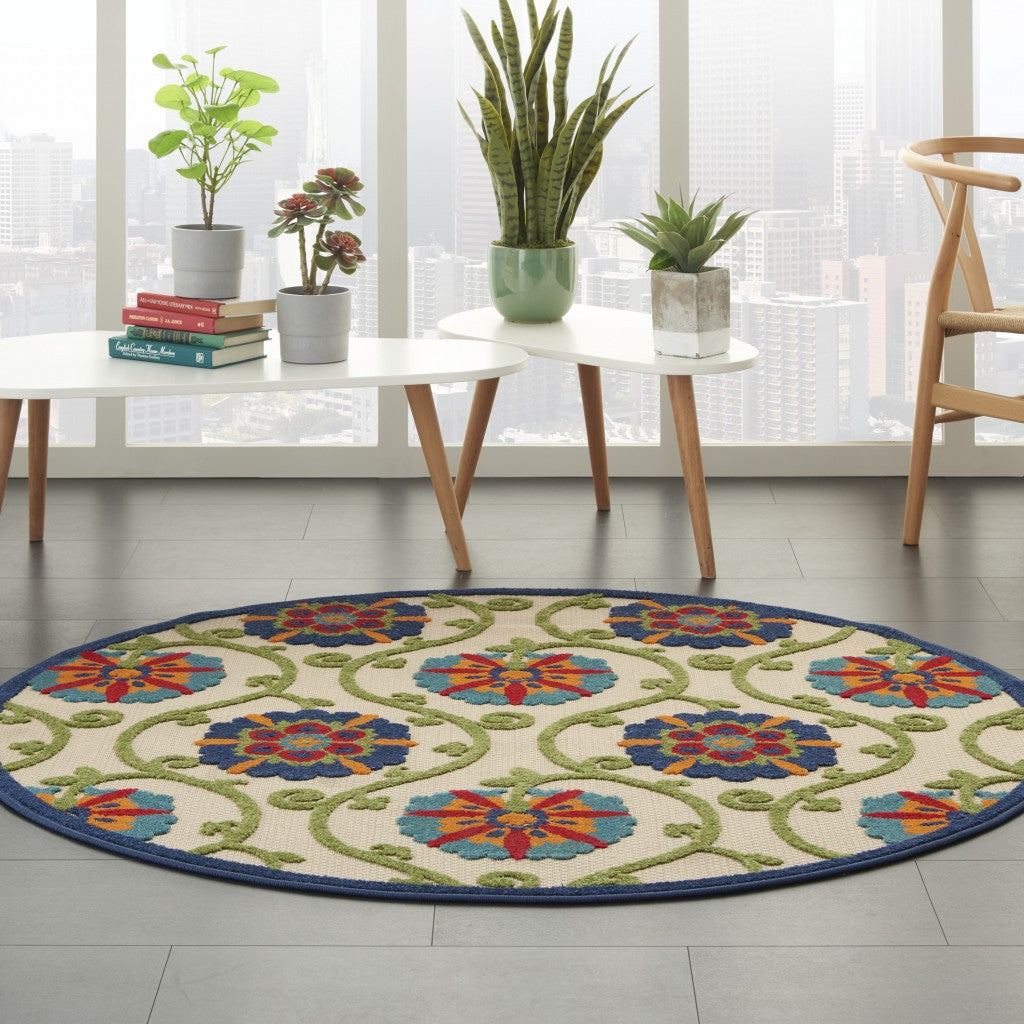 2' X 6' Ivory And Blue Floral Indoor Outdoor Area Rug