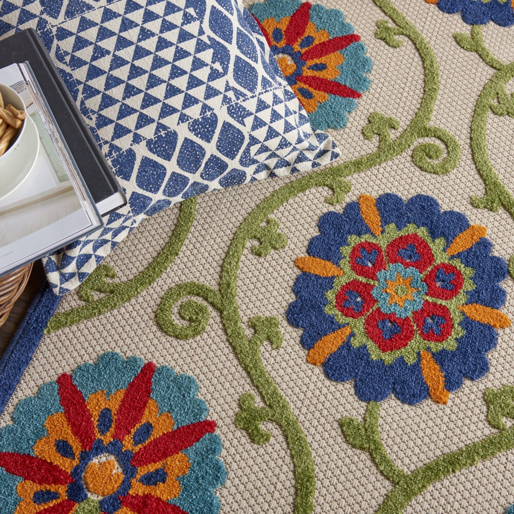 2' X 6' Ivory And Blue Floral Indoor Outdoor Area Rug