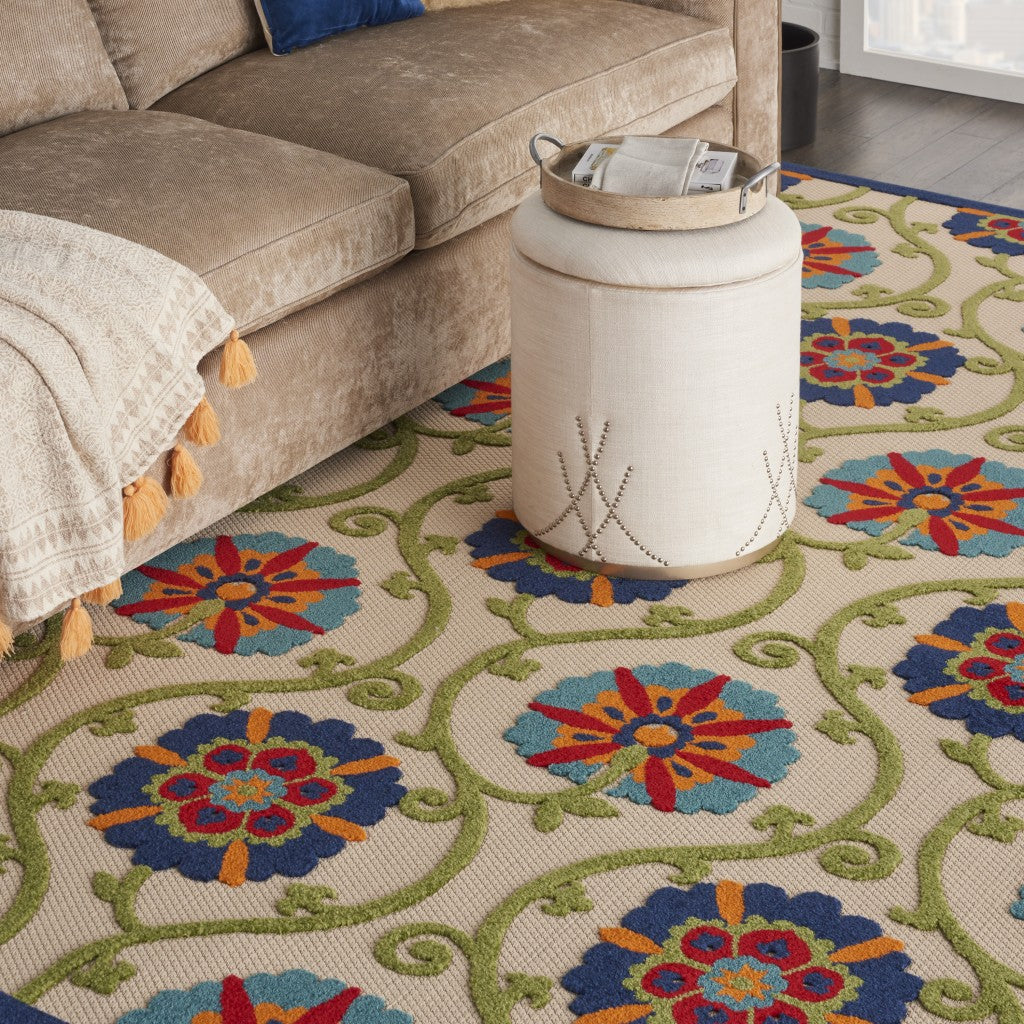 2' X 6' Ivory And Blue Floral Indoor Outdoor Area Rug