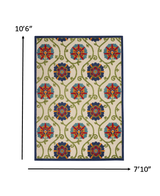 2' X 6' Ivory And Blue Floral Indoor Outdoor Area Rug