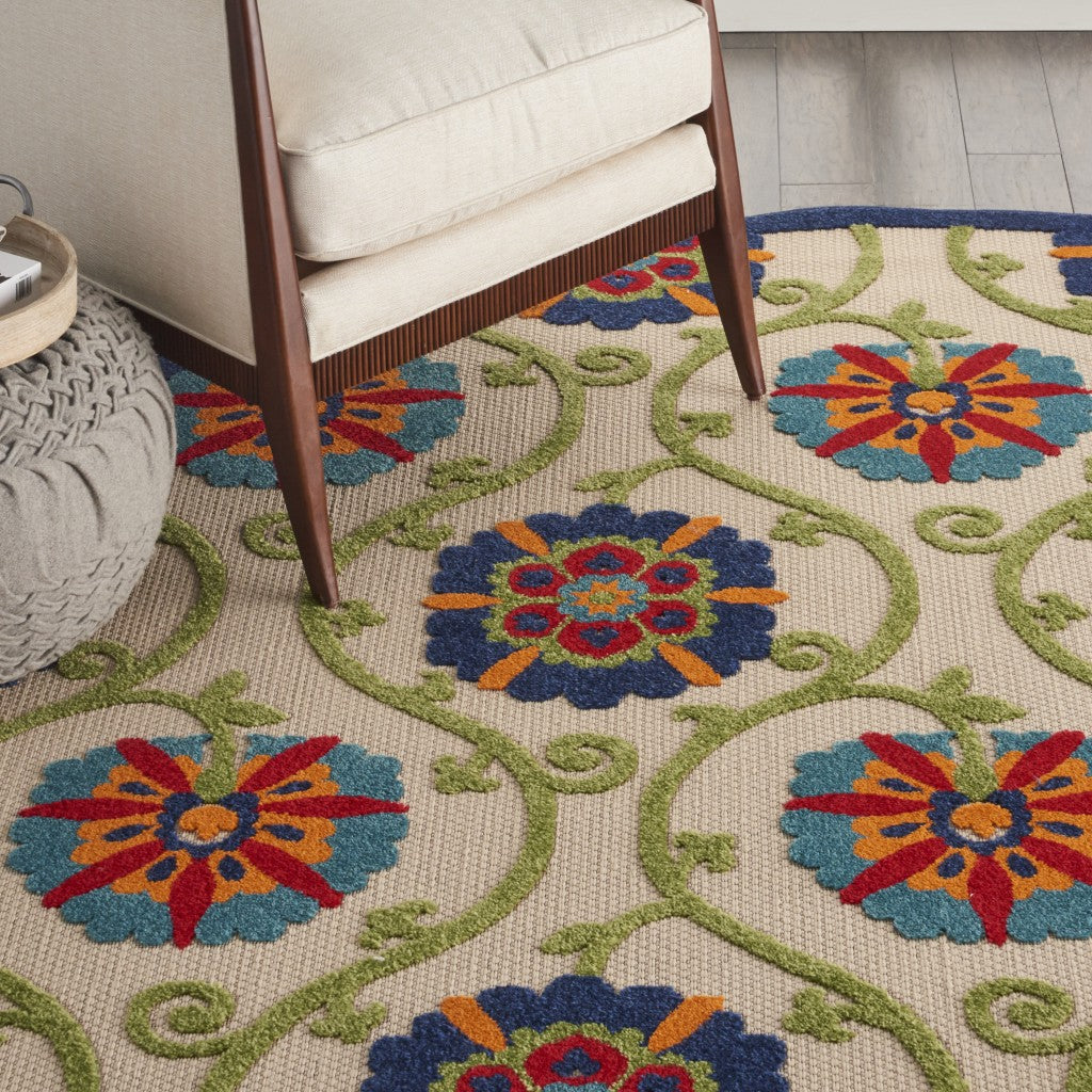 5' Round Ivory And Blue Round Floral Indoor Outdoor Area Rug