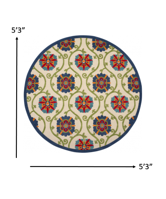 5' Round Ivory And Blue Round Floral Indoor Outdoor Area Rug