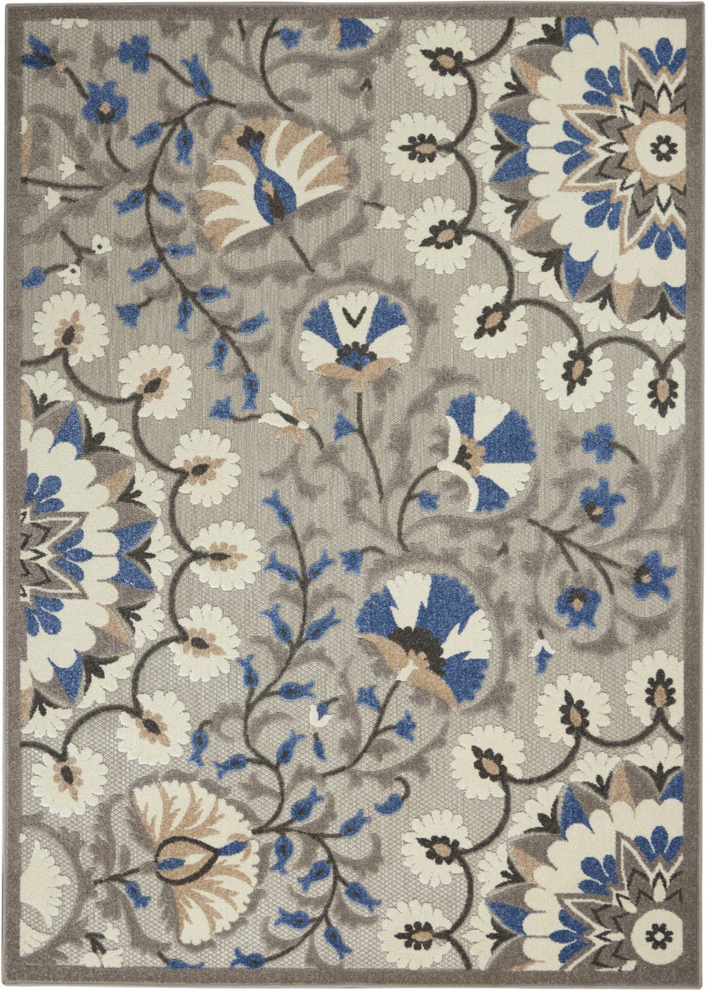 4' X 6' Blue And Gray Floral Indoor Outdoor Area Rug