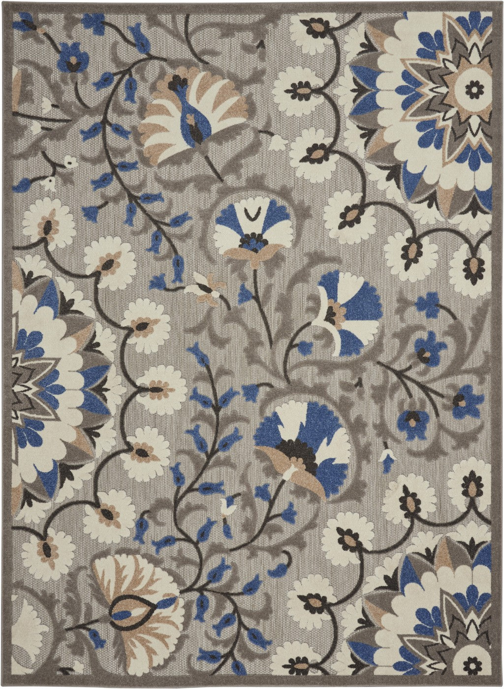 4' X 6' Blue And Gray Floral Indoor Outdoor Area Rug