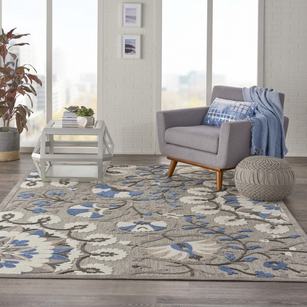 4' X 6' Blue And Gray Floral Indoor Outdoor Area Rug