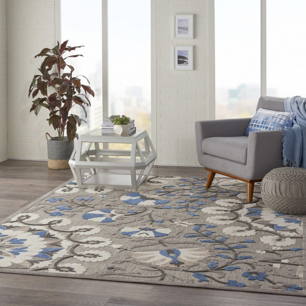 4' X 6' Blue And Gray Floral Indoor Outdoor Area Rug