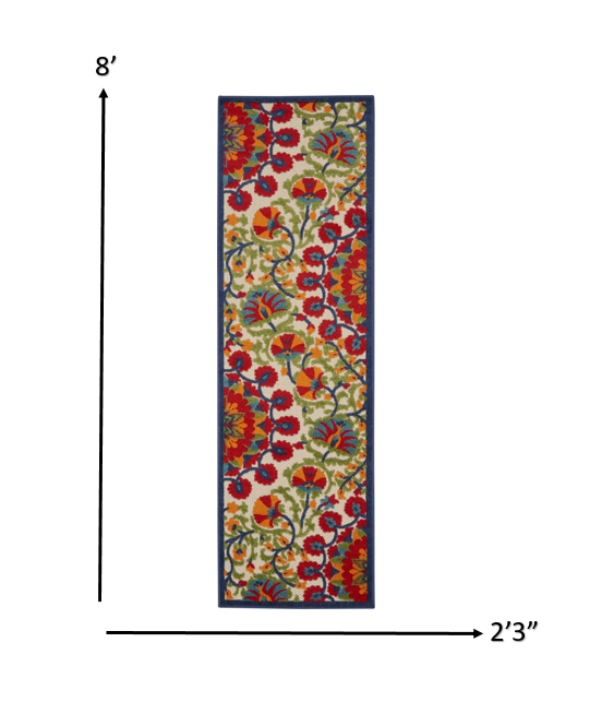 2' X 6' Red And Ivory Floral Indoor Outdoor Area Rug