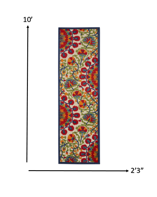 2' X 6' Red And Ivory Floral Indoor Outdoor Area Rug