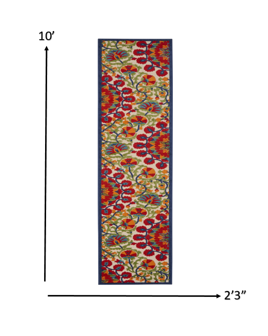 2' X 6' Red And Ivory Floral Indoor Outdoor Area Rug