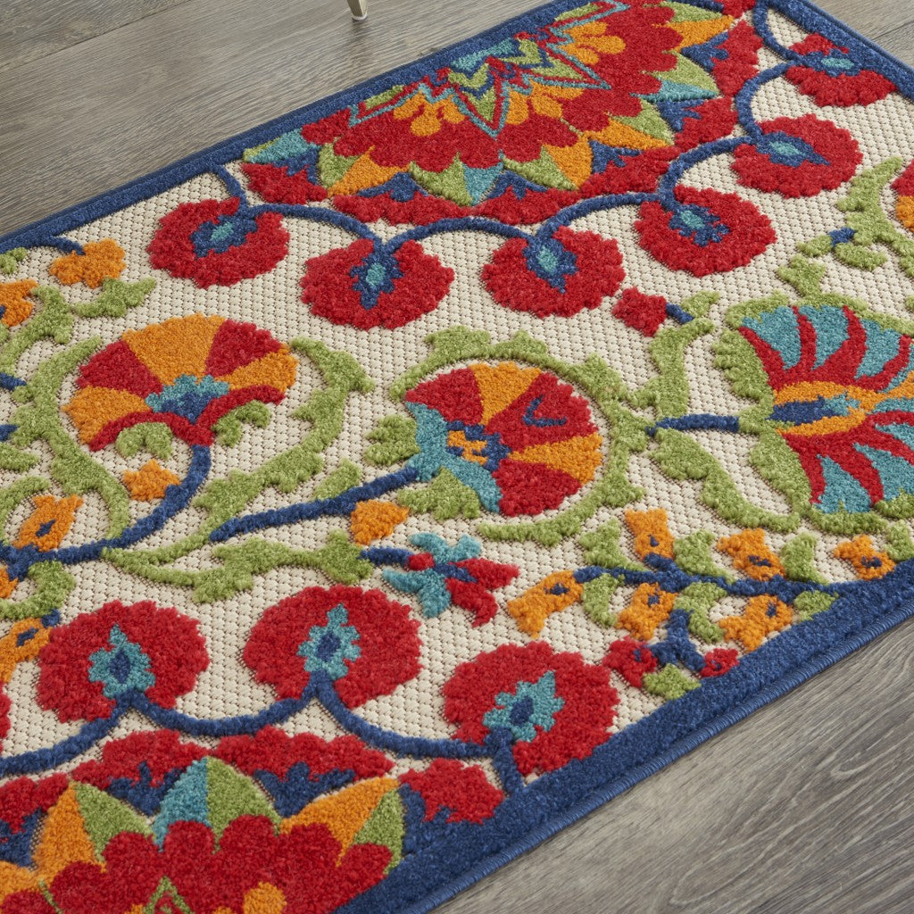 2' X 6' Red And Ivory Floral Indoor Outdoor Area Rug