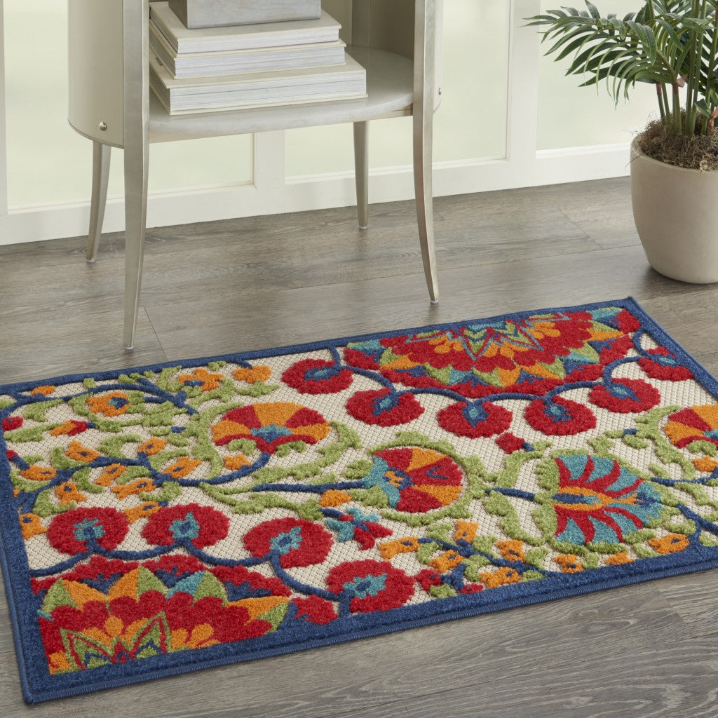 2' X 6' Red And Ivory Floral Indoor Outdoor Area Rug