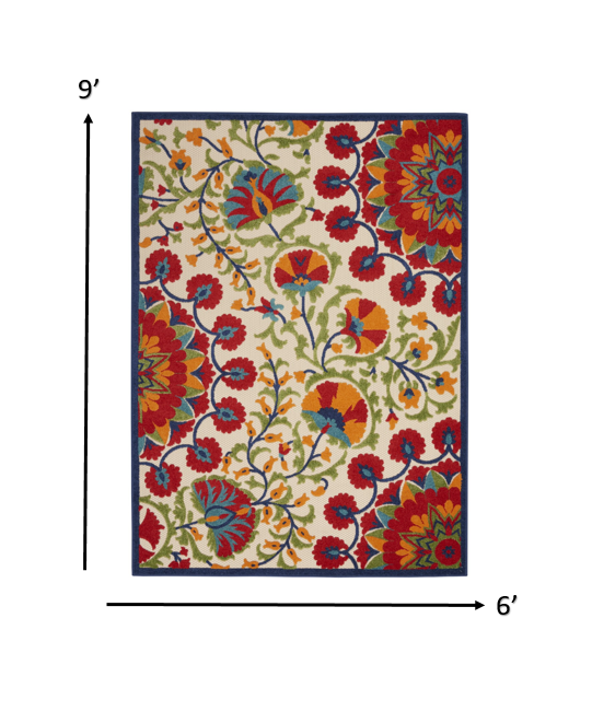 2' X 6' Red And Ivory Floral Indoor Outdoor Area Rug