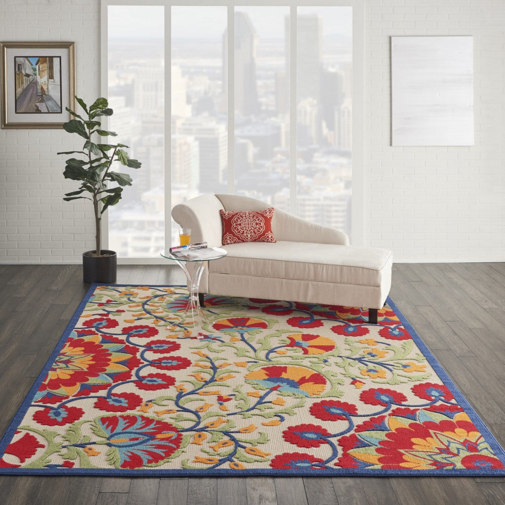 2' X 6' Red And Ivory Floral Indoor Outdoor Area Rug