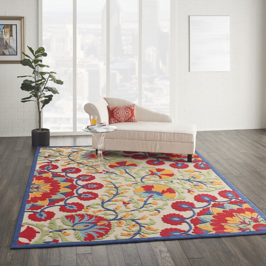 2' X 6' Red And Ivory Floral Indoor Outdoor Area Rug