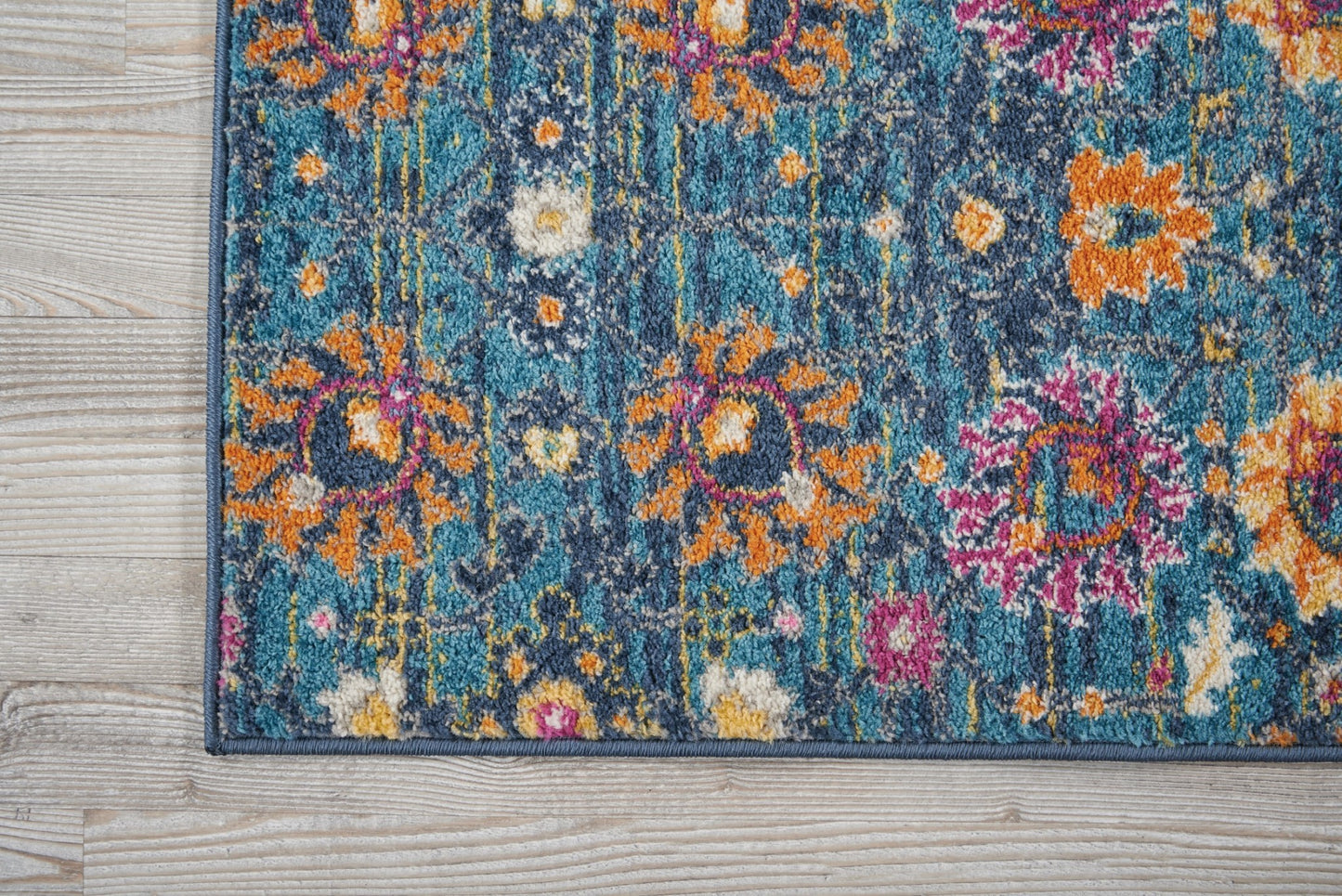 8' Blue And Orange Floral Power Loom Runner Rug