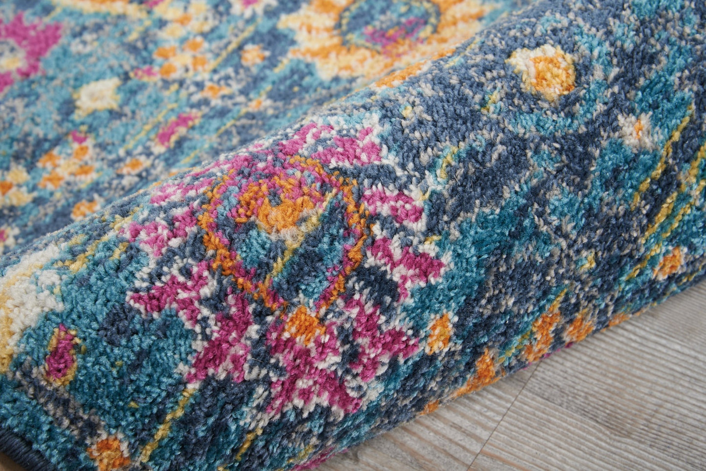 8' Blue And Orange Floral Power Loom Runner Rug