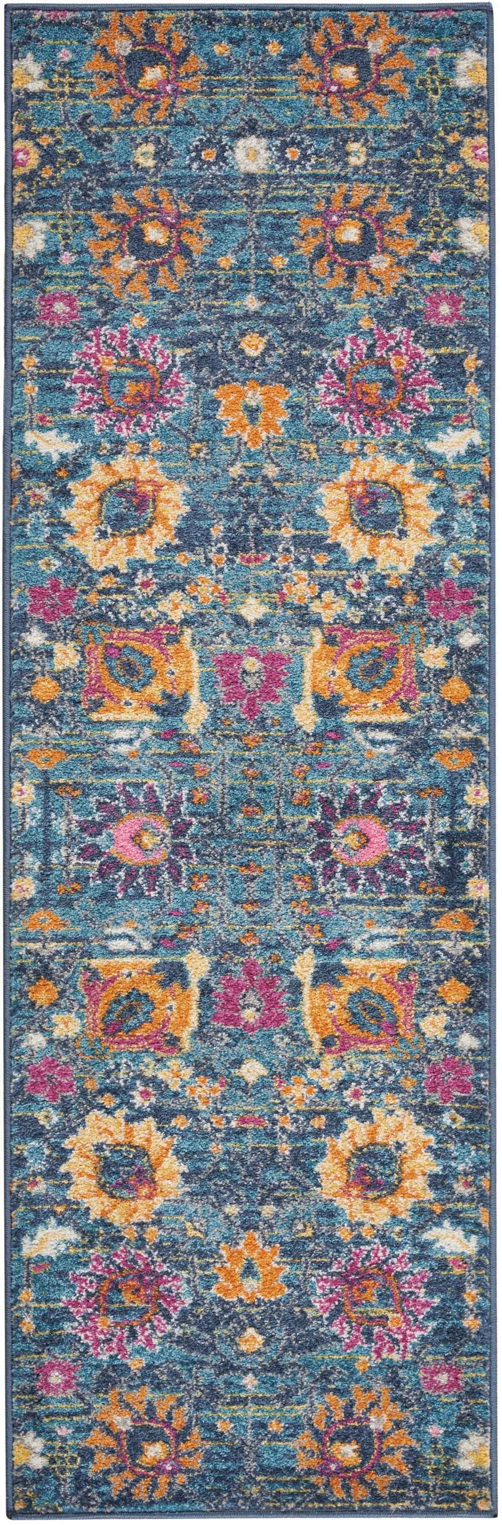 8' Blue And Orange Floral Power Loom Runner Rug