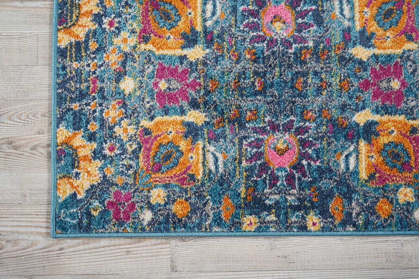 8' Blue And Orange Floral Power Loom Runner Rug