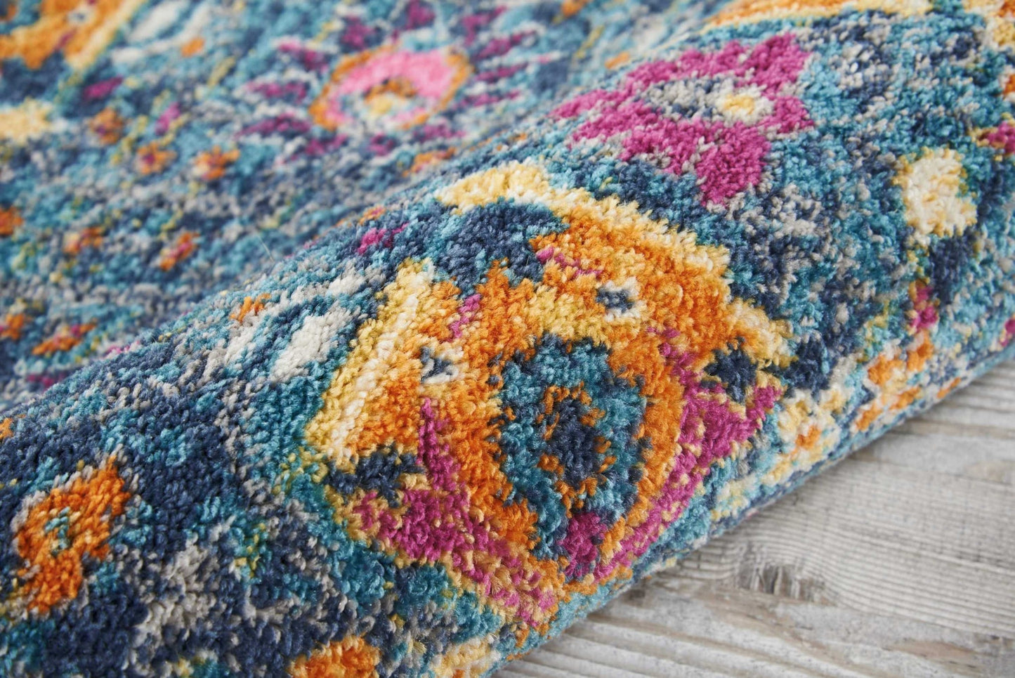 8' Blue And Orange Floral Power Loom Runner Rug